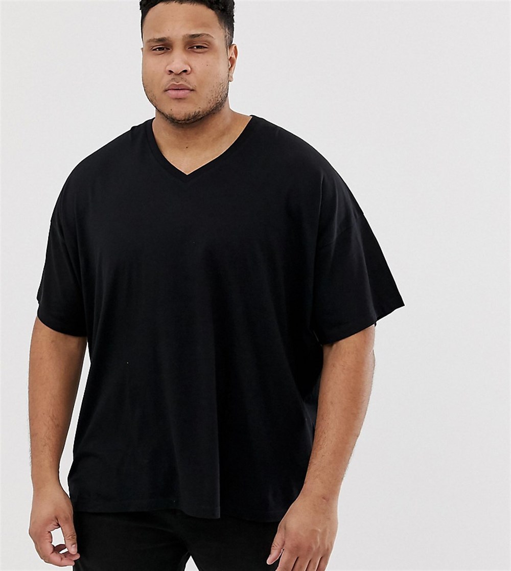 Oversize Unisex V Yaka T shirt-Siyah
