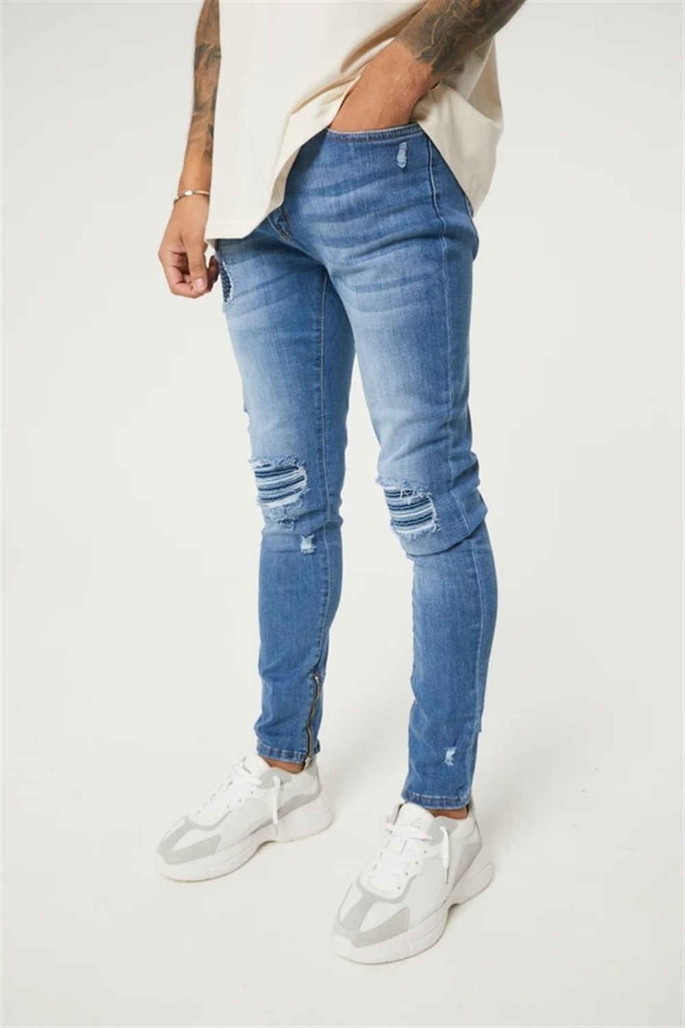 Paçası Fermuarlı Skinny Dizleri Biker  Eskitme Jean Mavi
