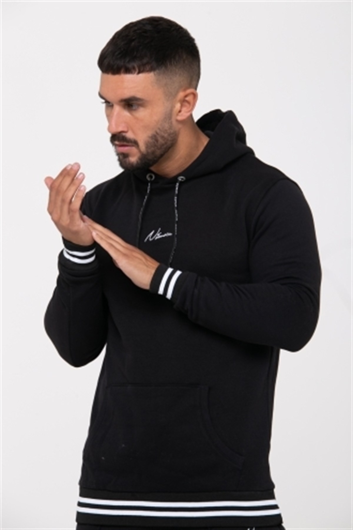 Ribanası Şeritli  Kapşonlu Sweat Siyah
