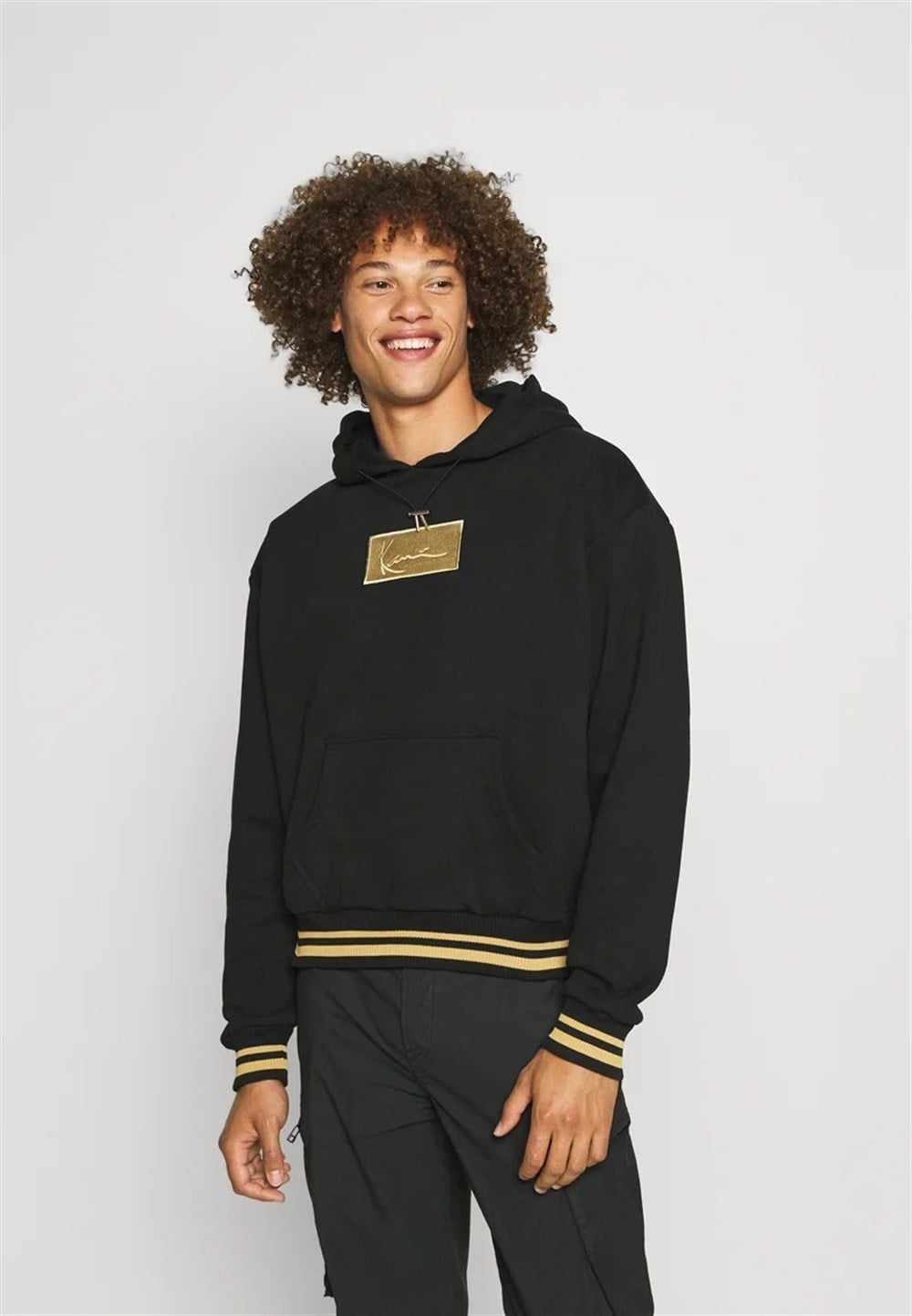 Unisex Önü Kare Logolu Oversize Kapşonlu Sweat Siyah