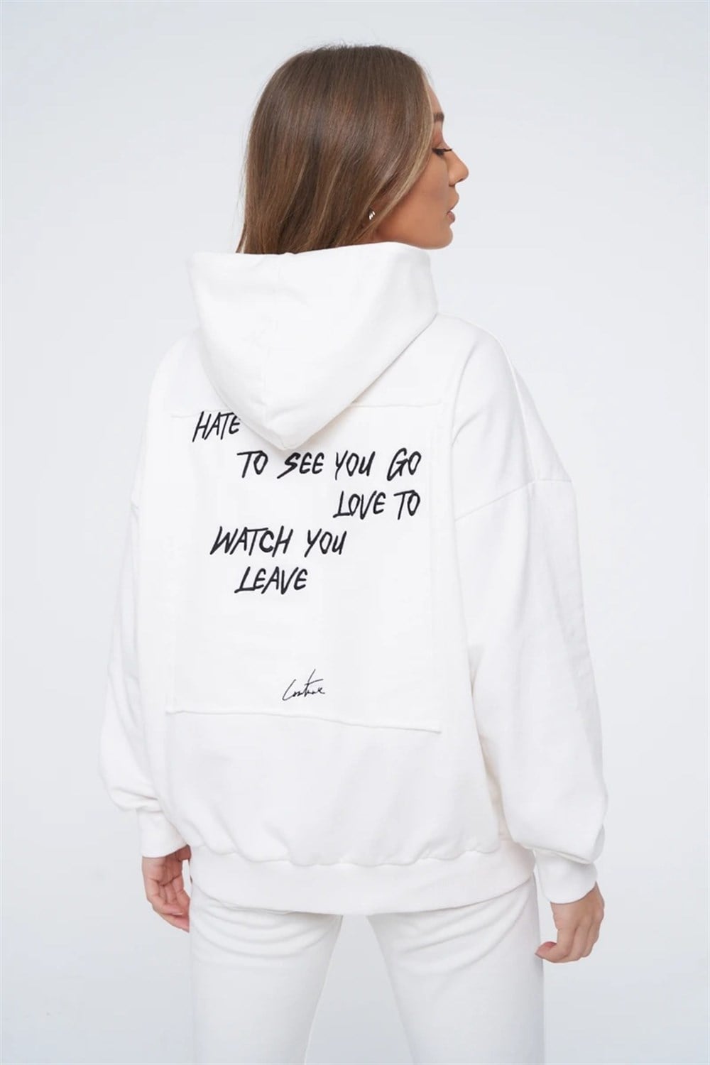 Unisex Oversize Arkası NAkışlı Overlock  Sweat Kirli Beyaz