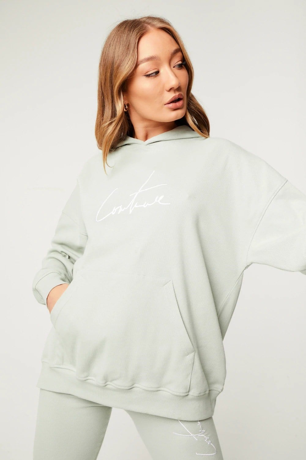 Unisex Oversize Fitilli Kumaş Sweat Su Yeşili