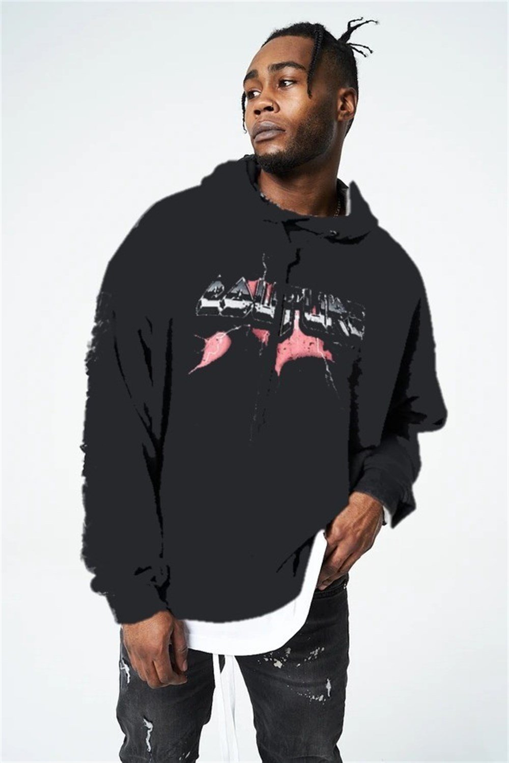 Unisex Oversize Önü Arkası Baskılı Kapişonlu  Sweat Siyah