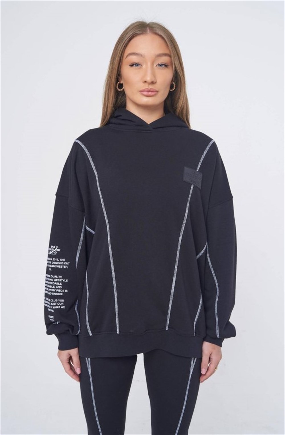 Unisex Oversize Overlock Kapişonlu Sweat Siyah