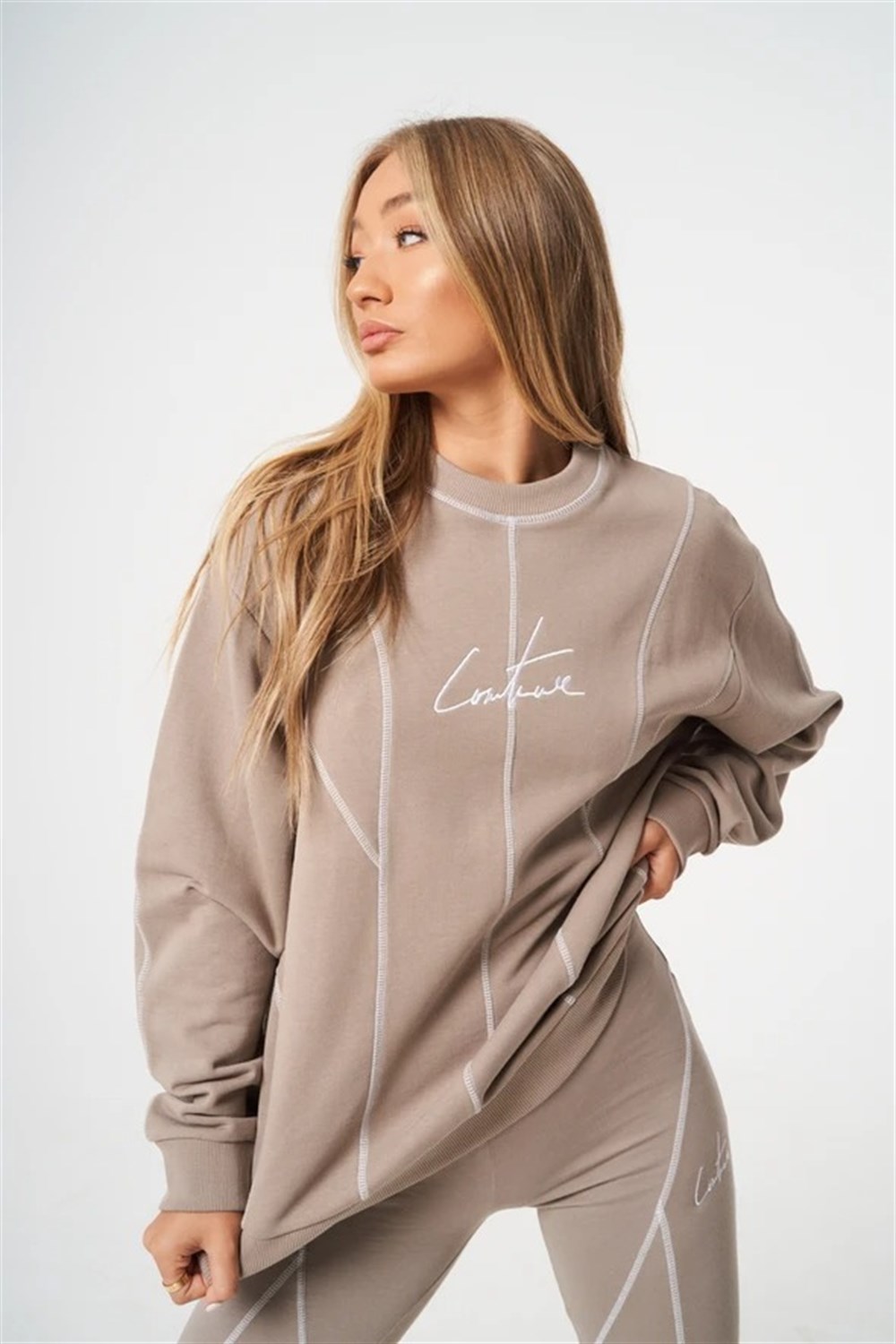 Unisex Oversize Overlock Şeritli  Sweat Bej