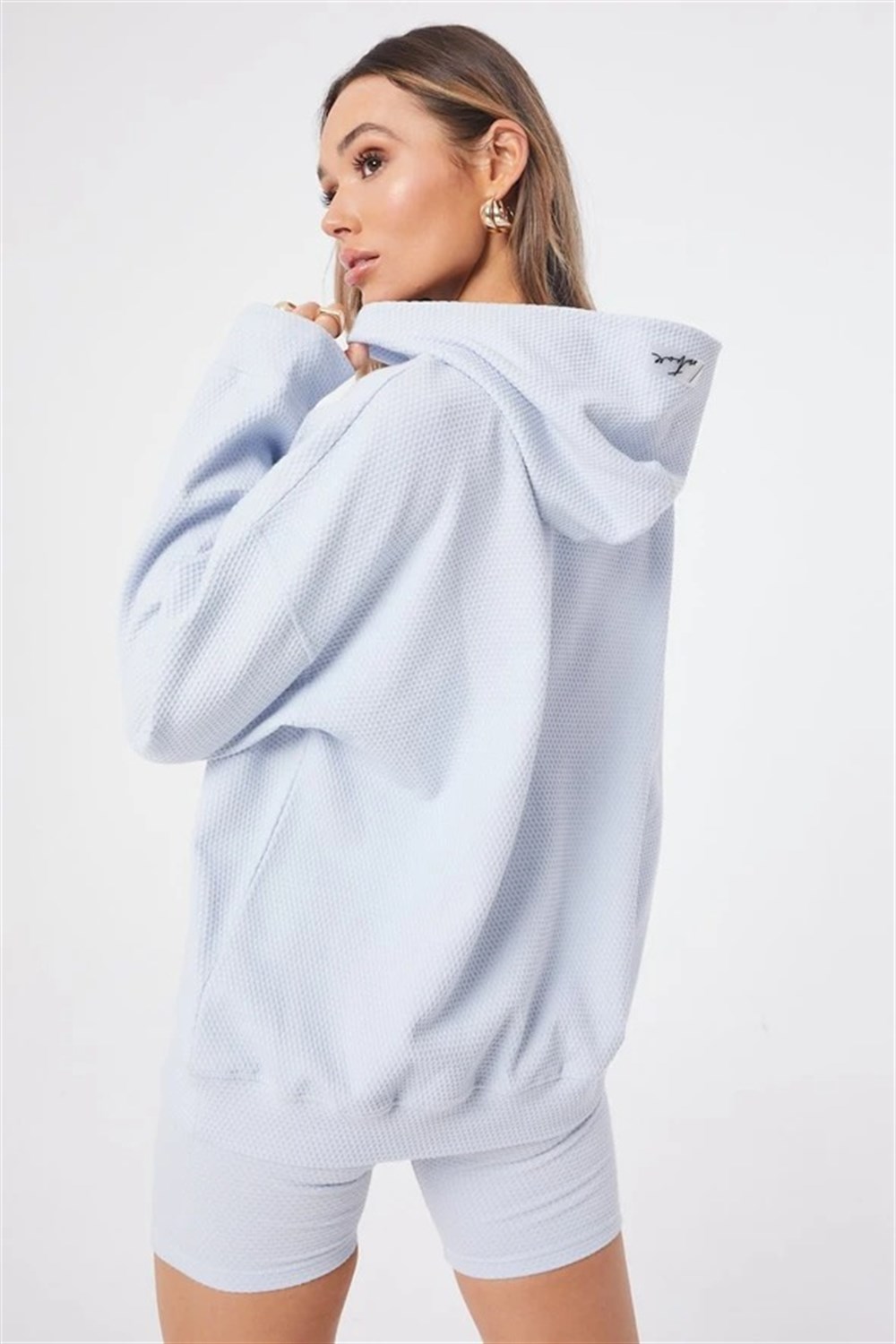 Waffle Kumaş ı Kapişonlu  Sweat Mavi