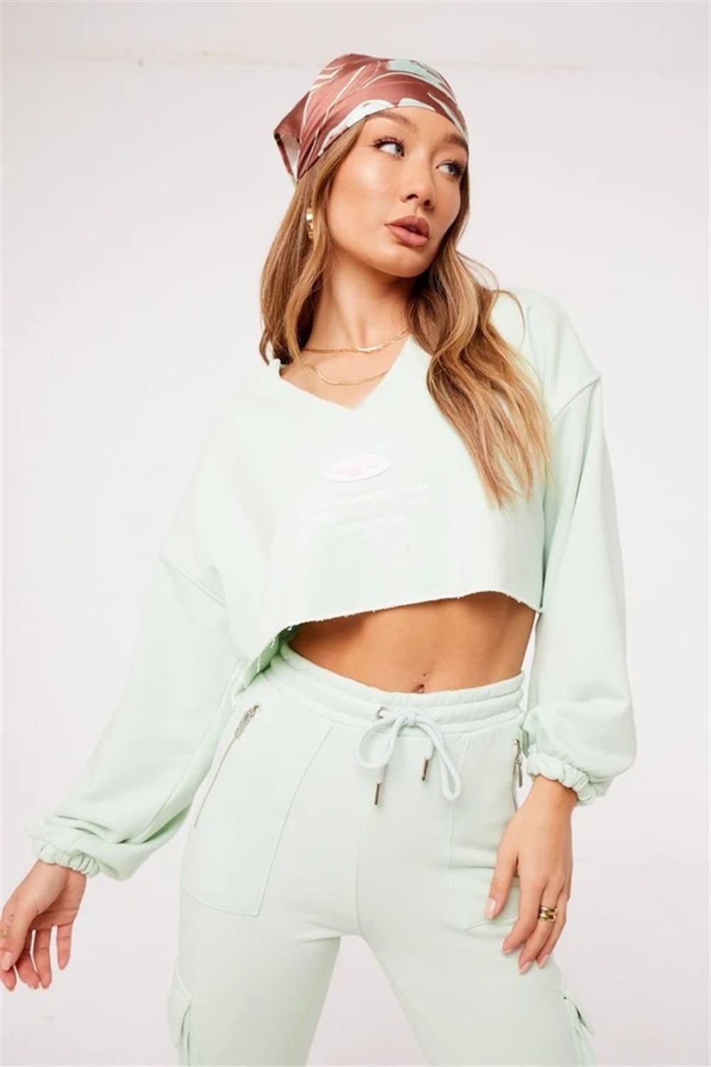 Yıkamalı Oversize Kısa Crop Sweat Su Yeşili