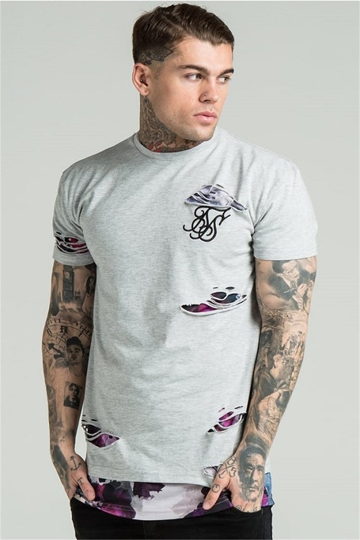 Yırtık Oversize Long T-Shirt Gri