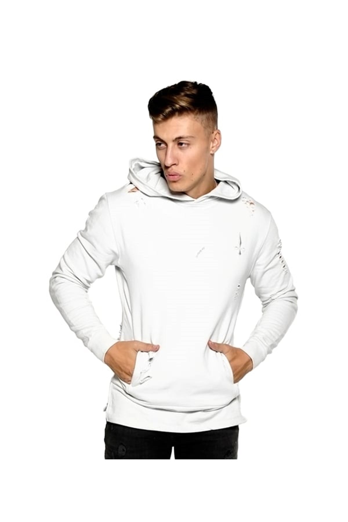 Yırtıklı Kapişonlu  Sweat Kirli Beyaz