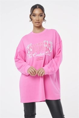 Oversize Önü Baskılı Crew  Sweat Pembe