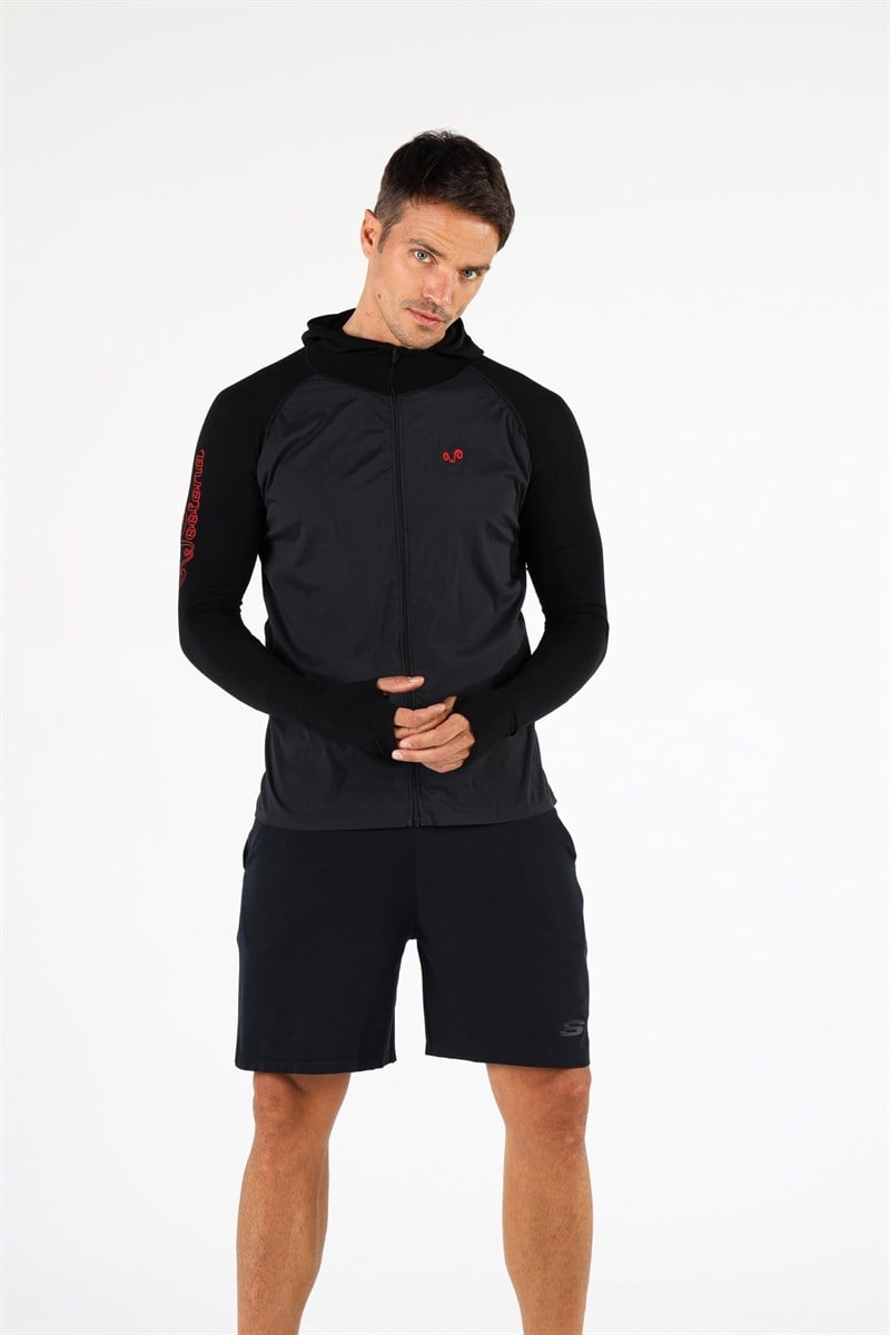 Woolona Pakke Erkek Siyah Fermuarlı Kapşonlu Dikişsiz Hybrid Yün Termal