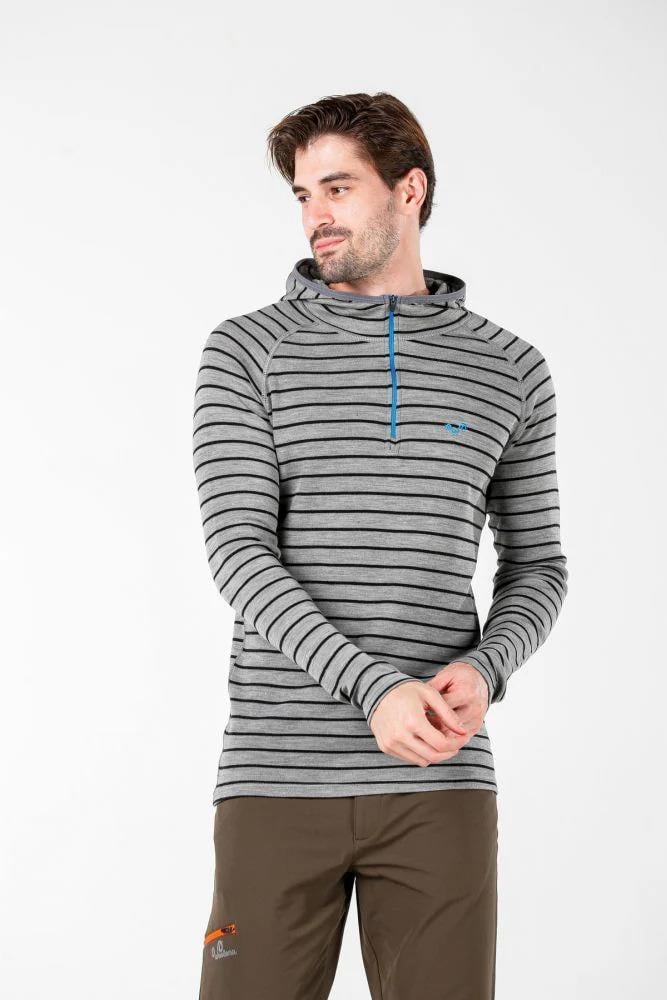 Woolona Thor Hoodie Erkek Çizgili Yarım Fermuarlı Uzun Kollu %100 Yün Termal İçlik