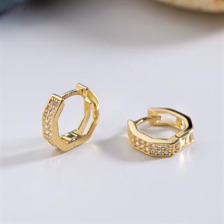 14 Ayar Taşlı Altıgen Minik Halka Altın Küpe