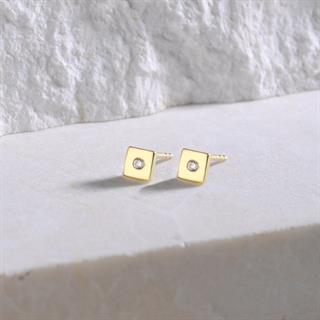 14 Ayar Altın Tek Taşlı Kare Küpe