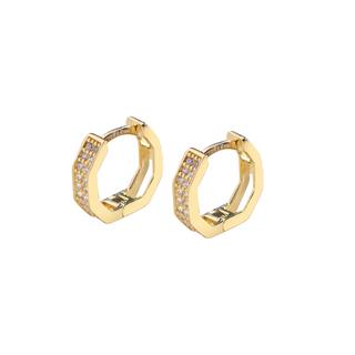 14 Ayar Taşlı Altıgen Minik Halka Altın Küpe