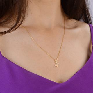 14 Ayar Altın K Harfi Taşlı Kolye Ucu