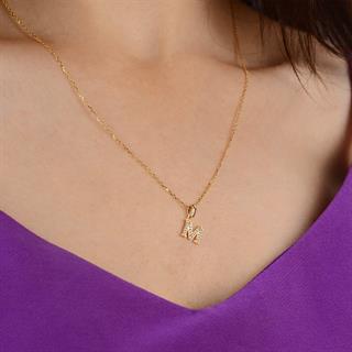 14 Ayar Altın M Harfi Taşlı Kolye Ucu