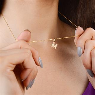 14 Ayar Altın M Harfi Taşlı Kolye Ucu