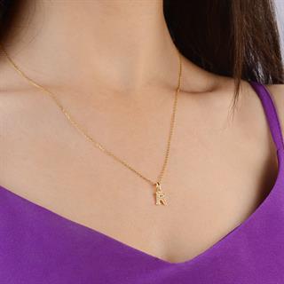 14 Ayar Altın R Harfi Taşlı Kolye Ucu