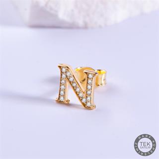 14 Ayar Altın Taşlı N Harf Küpe