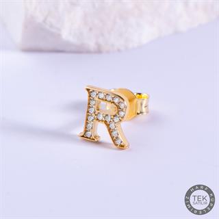 14 Ayar Altın Taşlı R Harf Küpe