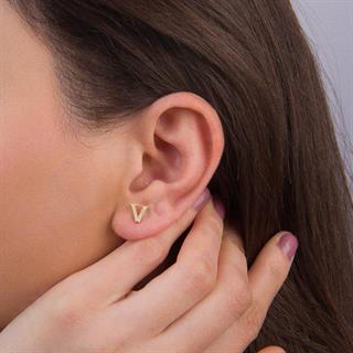 14 Ayar Altın Taşlı V Harf Küpe