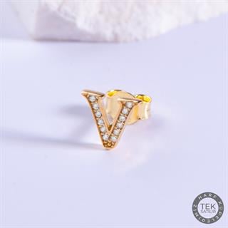 14 Ayar Altın Taşlı V Harf Küpe