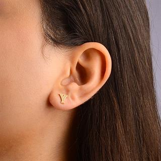 14 Ayar Altın Taşlı Y Harf Küpe