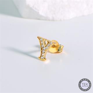 14 Ayar Altın Taşlı Y Harf Küpe