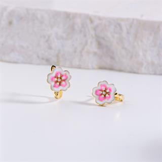 14 Ayar Taşlı Pembe Çiçek Çocuk Altın Küpe