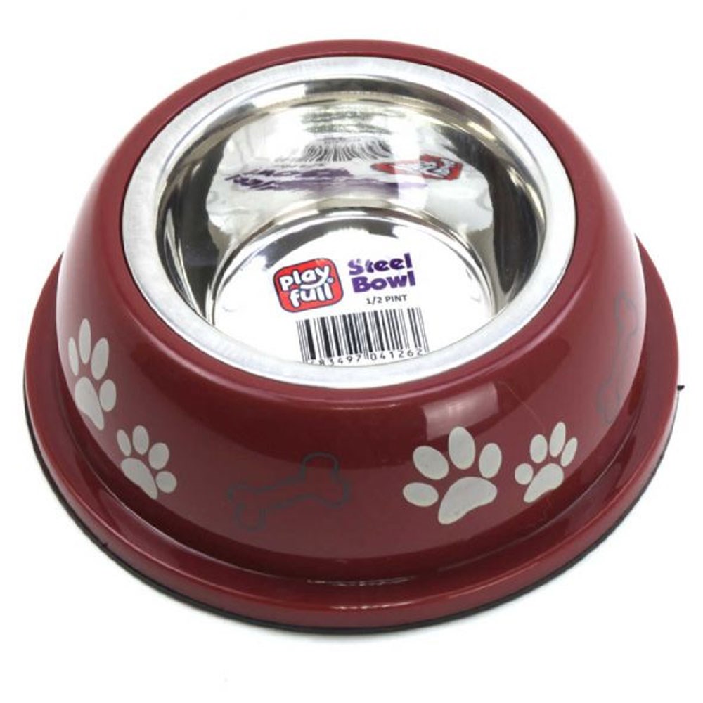 Playfull Pati ve Kemik Desenli Plastik Çerçeve İçinde Çelik Mama ve Su Kabı Kauçuk Tabanlı 1/2 Pint PFMK-4126 8683497041262 Amazon Pet Center