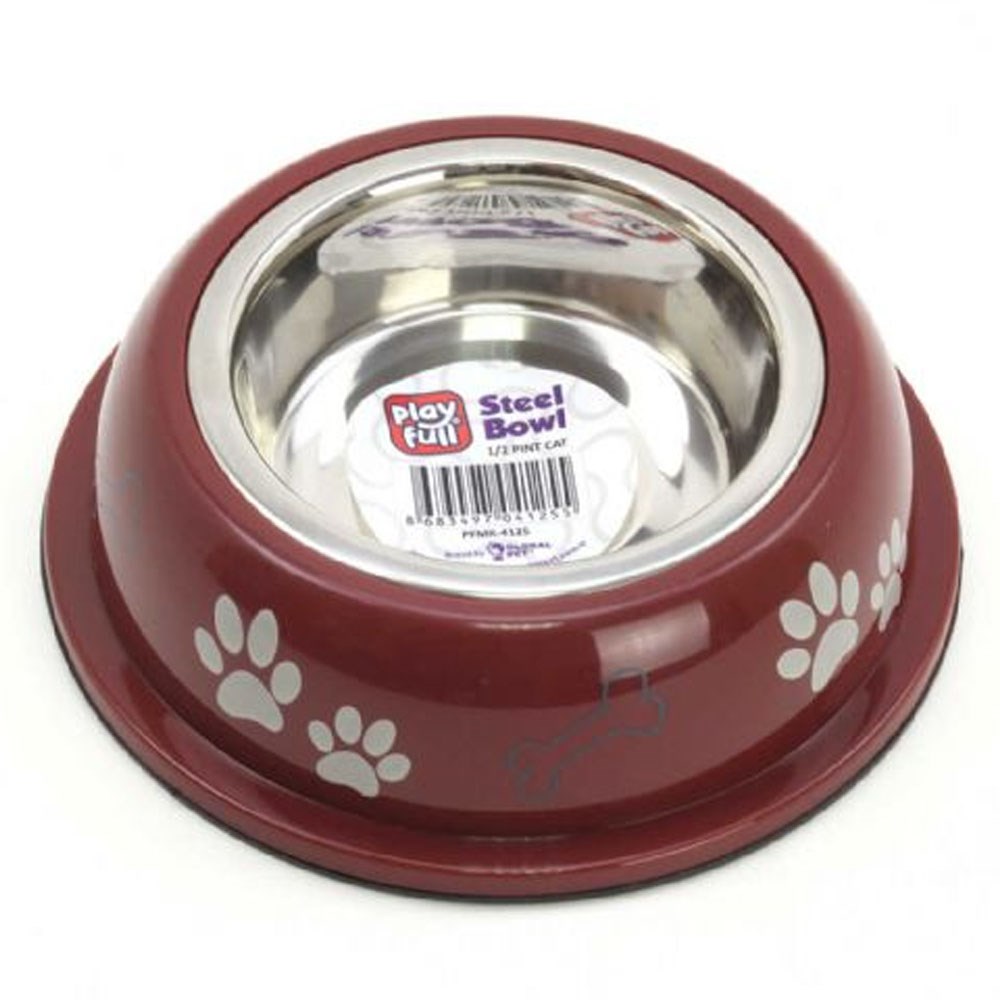 Playfull Pati ve Kemik Desenli Plastik Çerçeve İçinde Çelik Mama ve Su Kabı Kauçuk Tabanlı 1/2 Pint Cat PFMK-4125 8683497041255 Amazon Pet Center