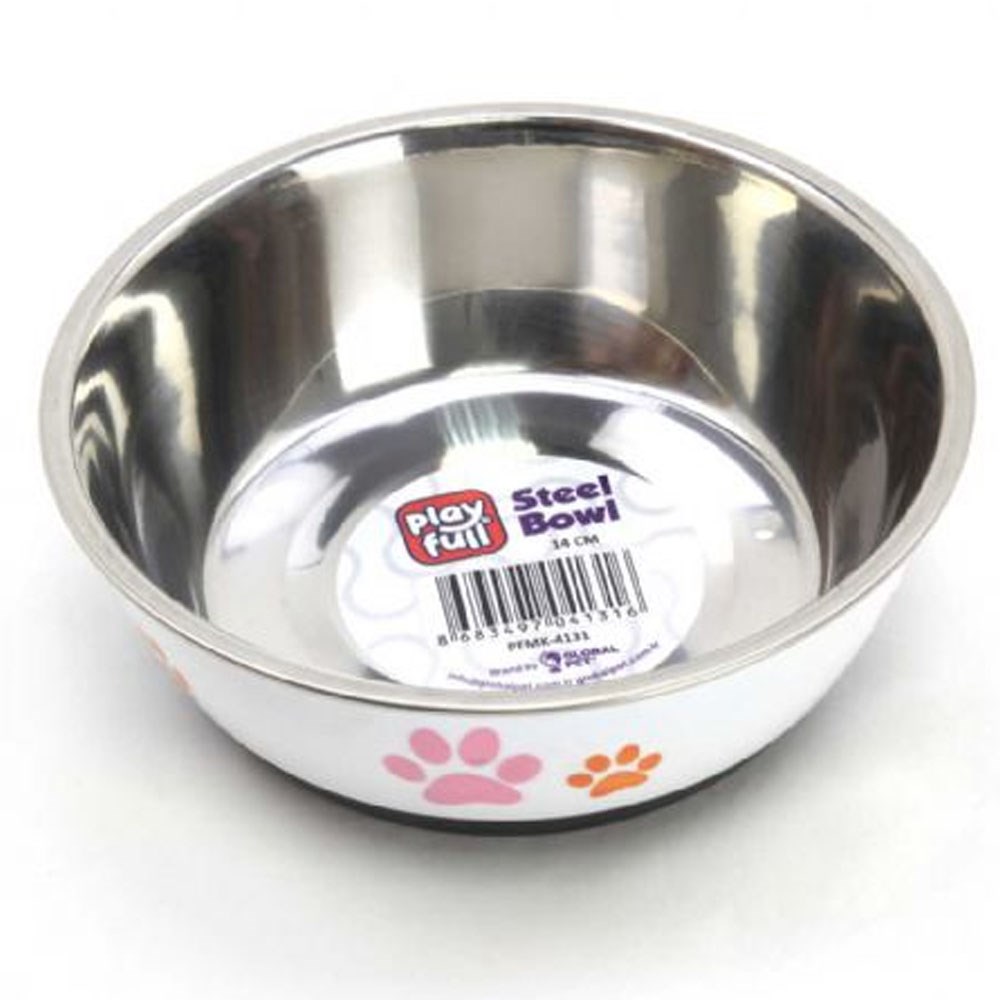 Playfull Pati Desenli Çelik Mama ve Su Kabı Kauçuk Tabanlı 14 Cm PFMK-4131 8683497041316 Amazon Pet Center