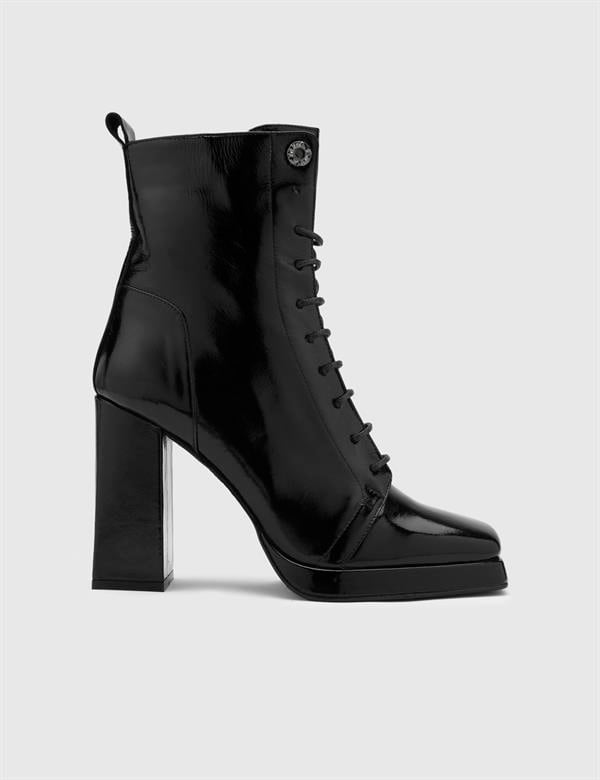 Belkıs Black Wrinkled Patent Leather Women's Boot