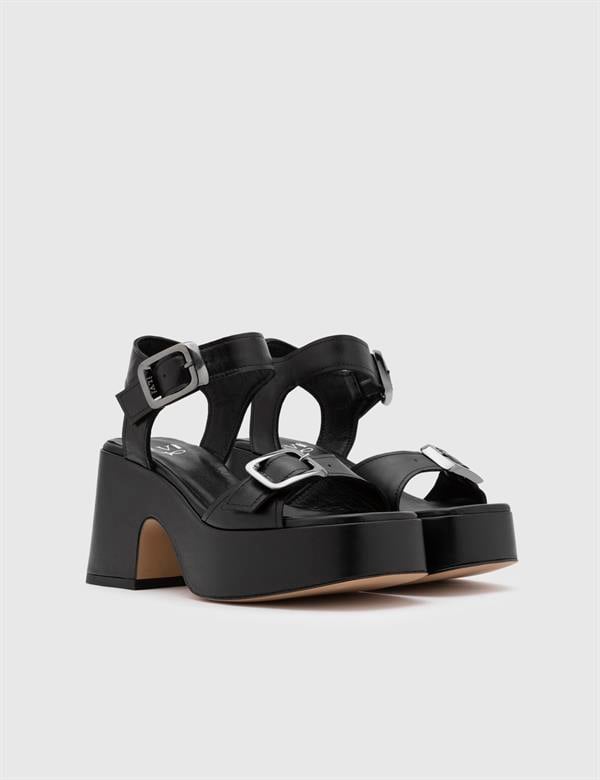 Edina Black Leather Women's Heeled Sandal