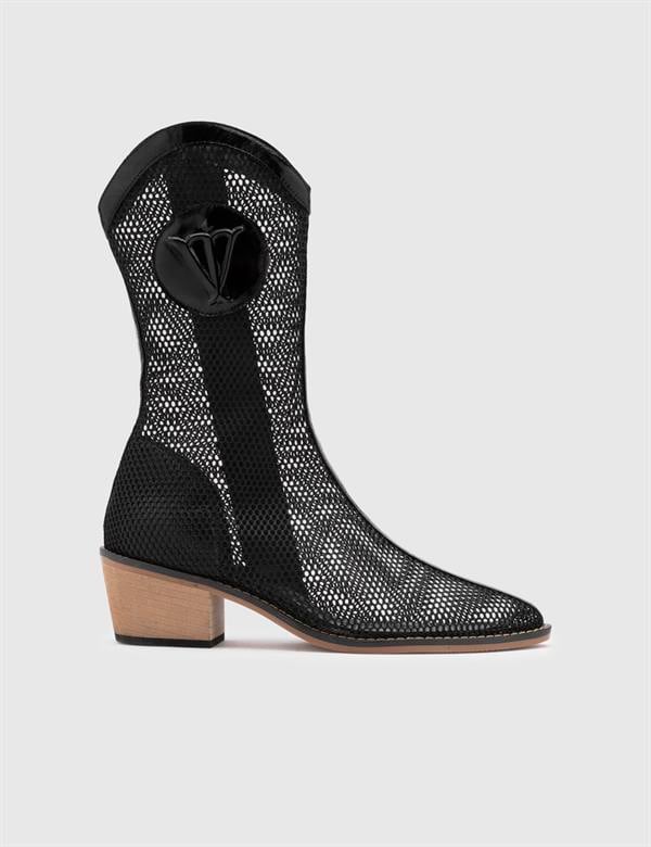 Reijo Black Patent Leather-Mesh Women's Heeled Boot