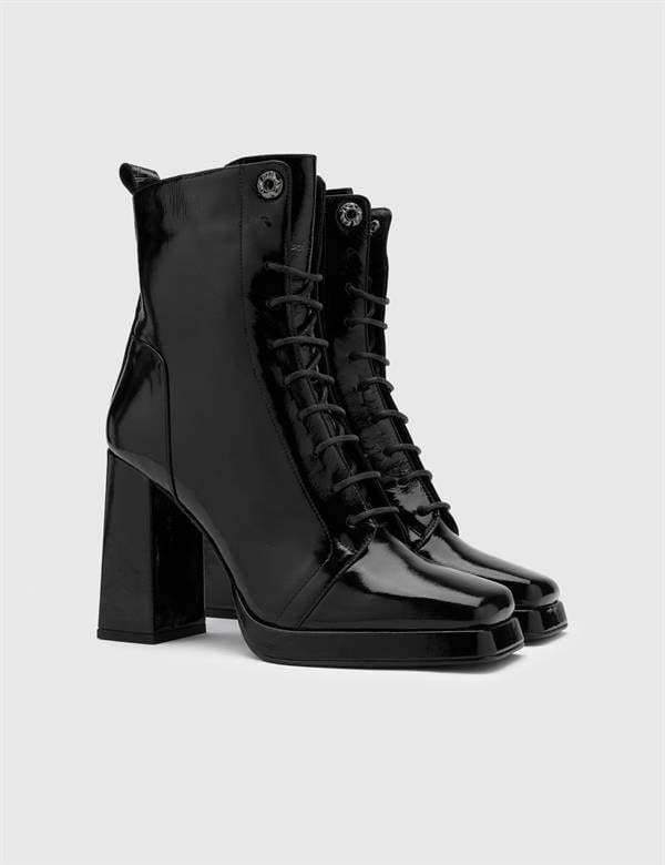 Belkıs Black Wrinkled Patent Leather Women's Boot