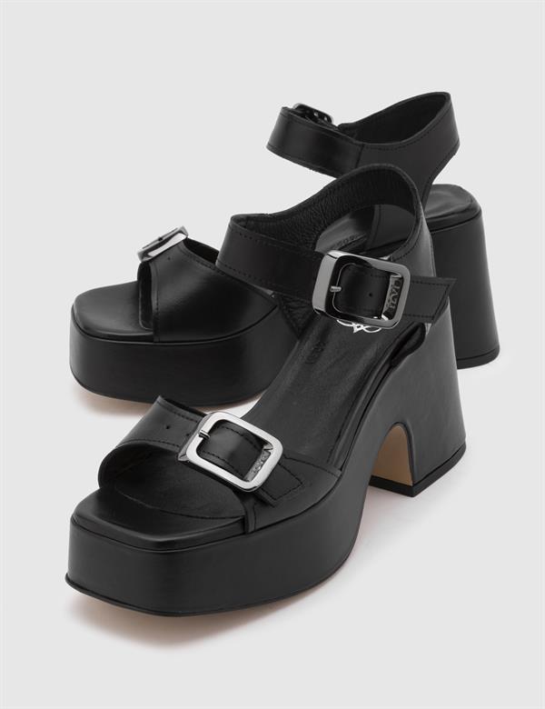 Edina Black Leather Women's Heeled Sandal