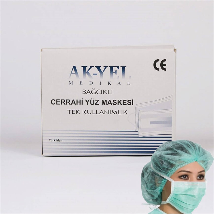 Ak-yel Maske Bağcıklı 3 Katlı Yeşil Renk 100'lü Kutu