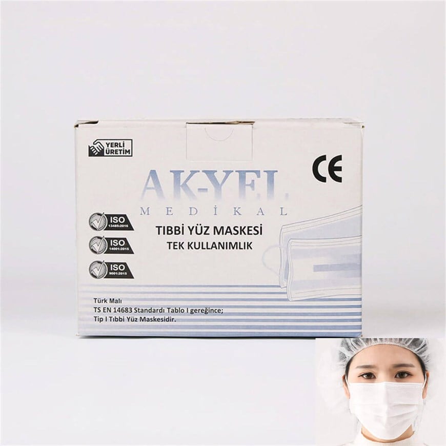 Ak-yel Maske Lastikli 3 Katlı (Meltblown Filtreli) Beyaz Renk  100'lü Kutu