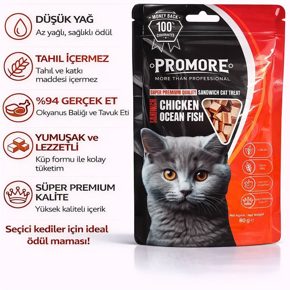 Promore Tavuk Etli ve Okyanus Balıklı Atıştırmalık Kedi Ödül Maması 80 GR