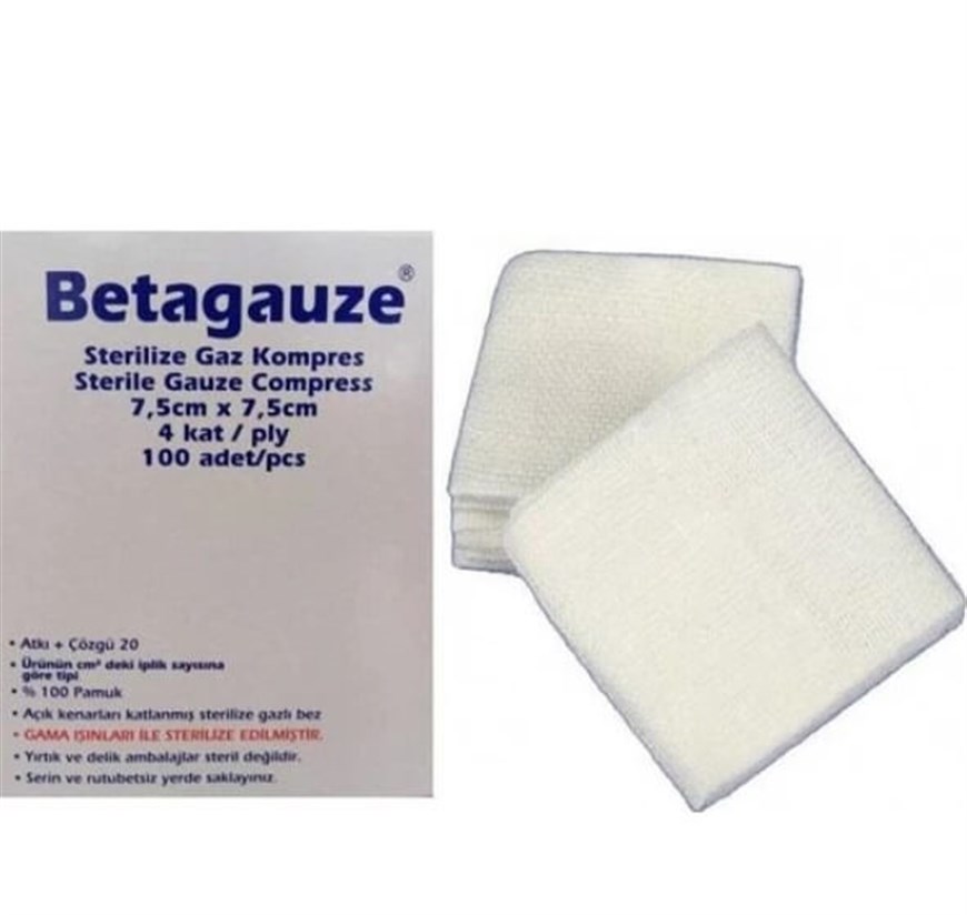 Betagauze Steril Spanç (Gaz Kompress)  7,5*7,5 CM 4 kat 100'lü Paket