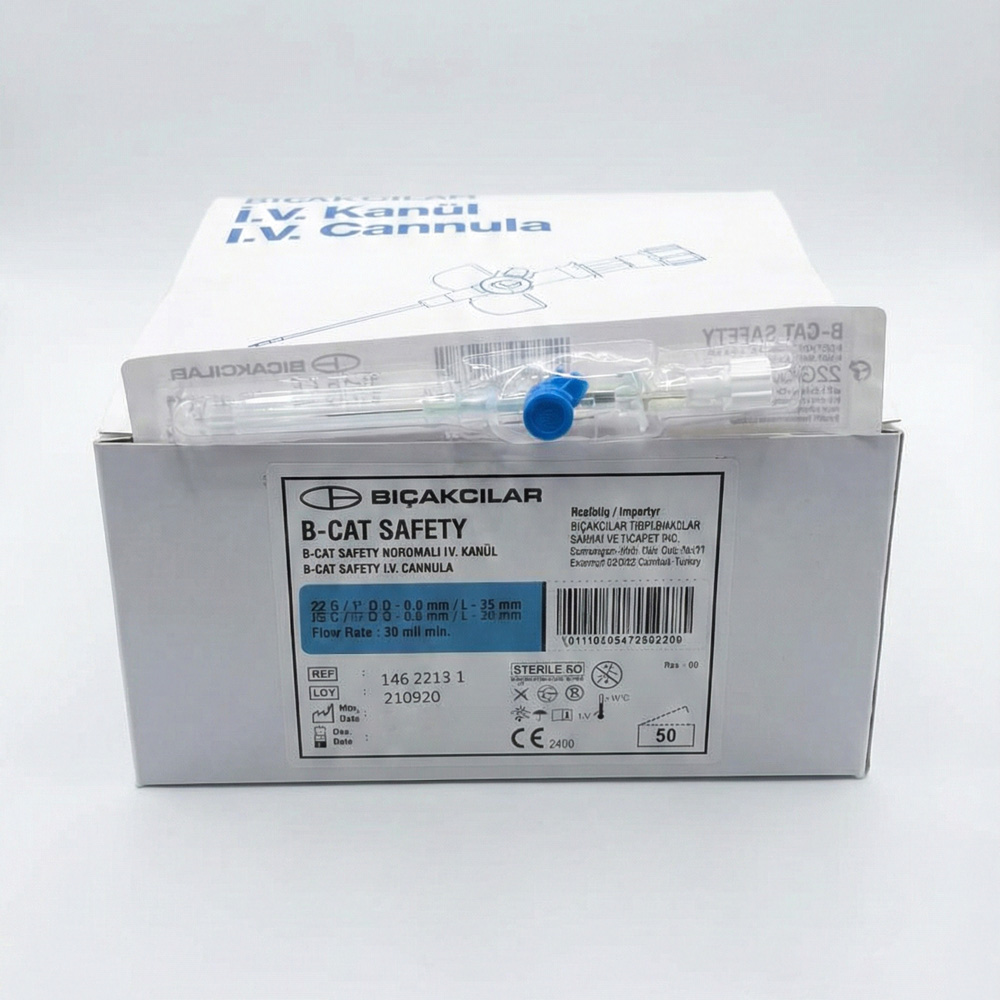 Bıçakcılar Branül (İntraket) Mavi (22G) 50'li Paket (Korumalı)