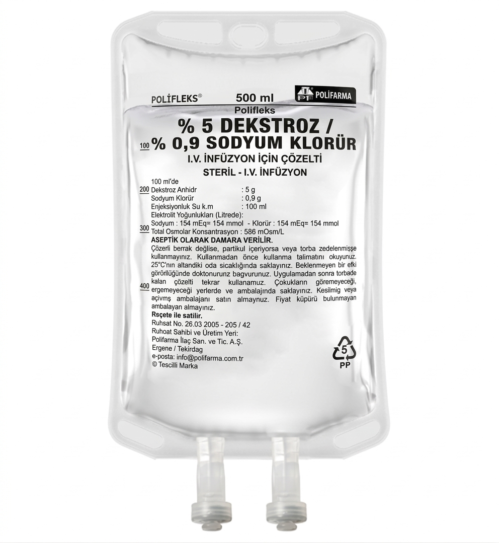 Dekstroz %5 + İzotonik %0,9 Sodyum Klorür 500 ML Setsiz Serum