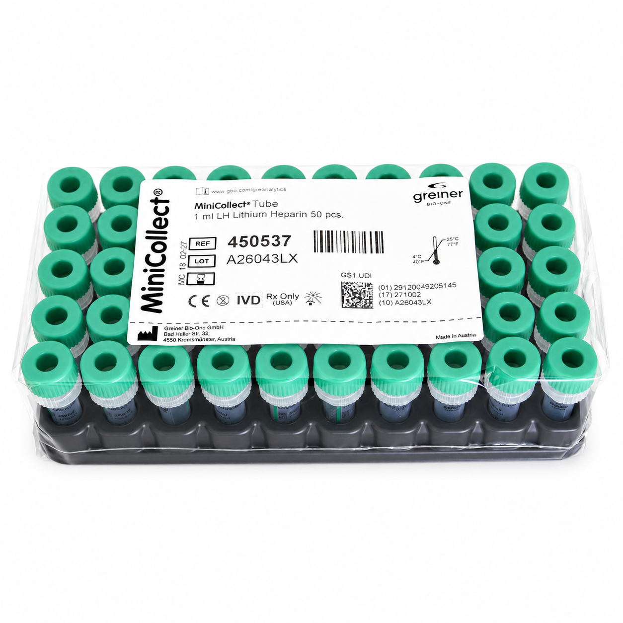 Greiner Lityum Heparinli Tüp 0,5 ML (Pediatrik) (Yeşil Kapak) 50'li Paket