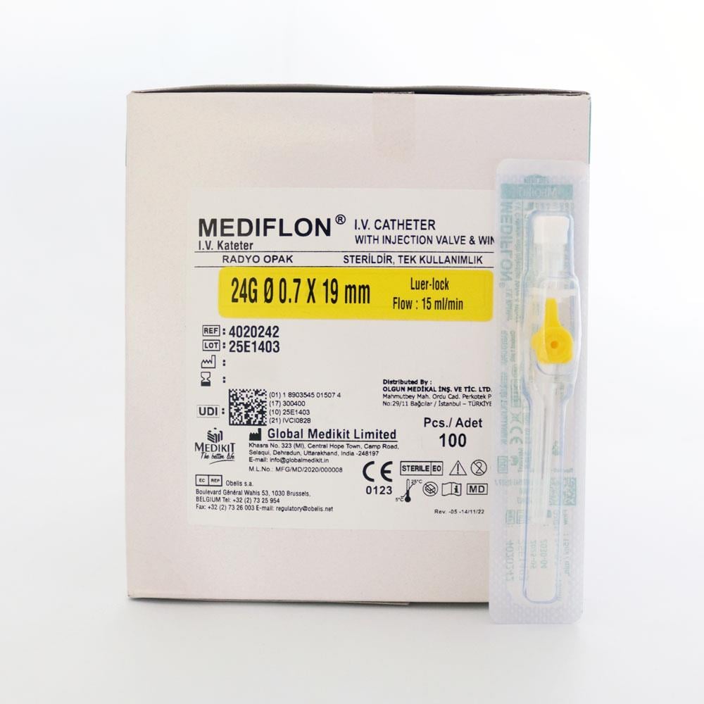 Mediflon Branül (intraket) Sarı (24G) 100'lü Paket
