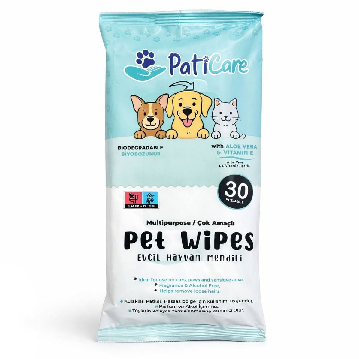 Paticare Evcil Hayvan Mendili (Aloe Vera Kokulu) Alkolsüz 30'lu Paket