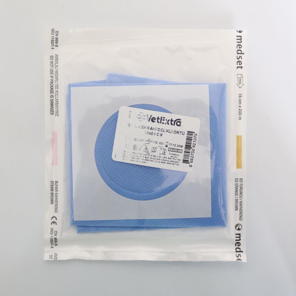 VetExtra Steril Cerrahi Delikli Serviyet Örtüsü 50*50 CM (35 GR SMS Kumaş Delik Çapı 6 CM)