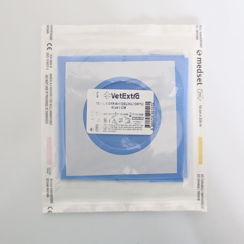 VetExtra Steril Cerrahi Delikli Serviyet Örtüsü 40*40 CM (35 GR SMS Kumaş Delik Çapı 6 CM)