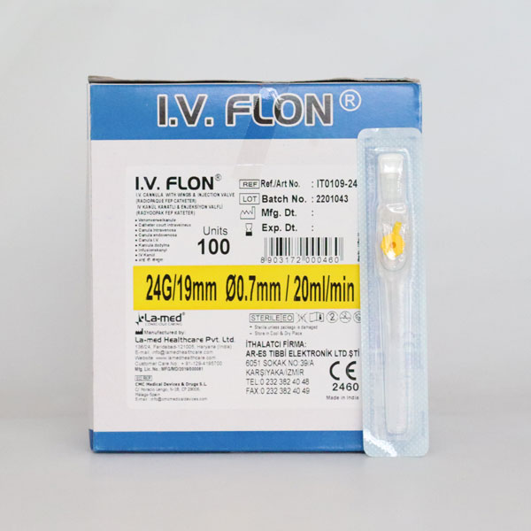 Iv Flon Branül (intraket) Sarı (24G) 100'lü Paket